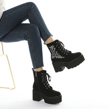 2025秋冬大码花纹刺绣女鞋亚马逊新款女靴粗跟厚底短靴女骑士靴女