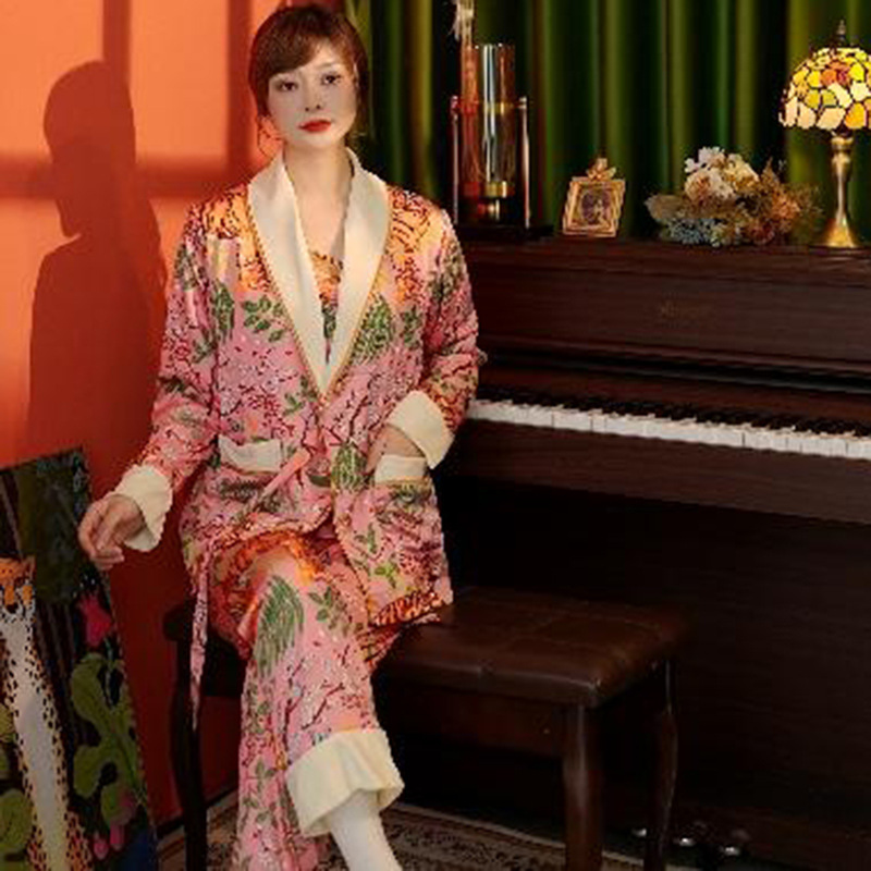 2024 새로운 도착 잠옷 여성용 카디건 인쇄 홈 옷 2 피스 가을과 겨울 긴 소매 바지