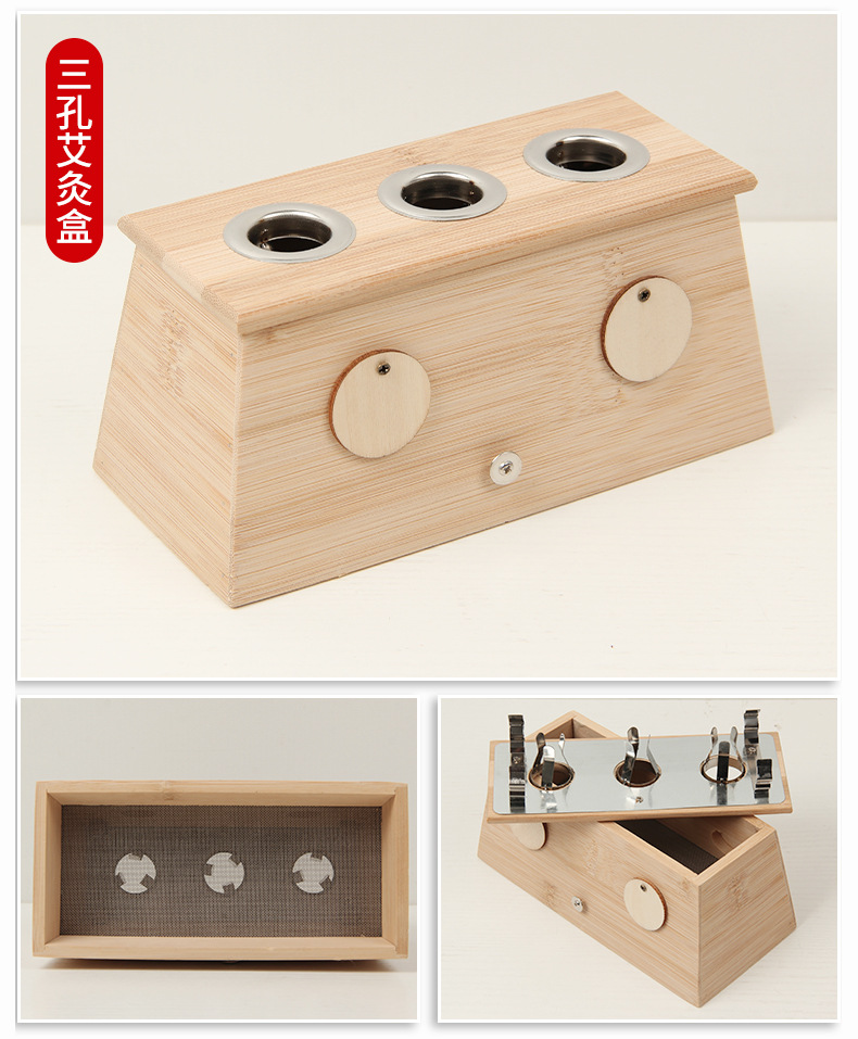 Six Hole Moxibustion Box Ai Jiu He Wooden Warming Device for Traditional Moxa Therapy and Wellness Massage in use