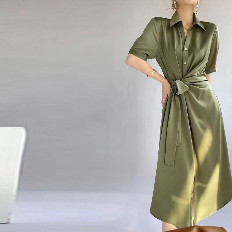 Foreign Trade High-end Shirt Dress Women's Summer New Waist Acetate Long Dress Satin Texture Elegant Dress