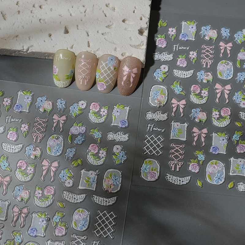 Embossed Girly Style Grid Bowknot Rose Pearl Nail Stickers Fresh Floral Nail Stickers DIY Decoration Stickers Embossed Girly Style Grid Bowknot Rose Pearl Nail Stickers Fresh Floral Nail Stickers DIY Decoration Stickers