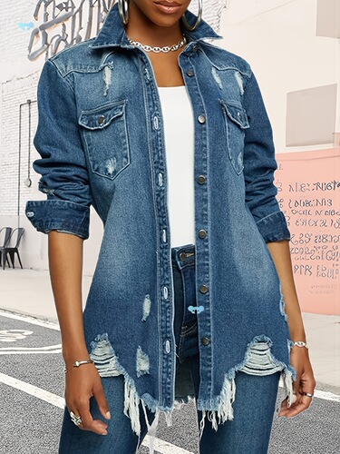 Women's Oversized Distressed Long Sleeve Denim Trucker