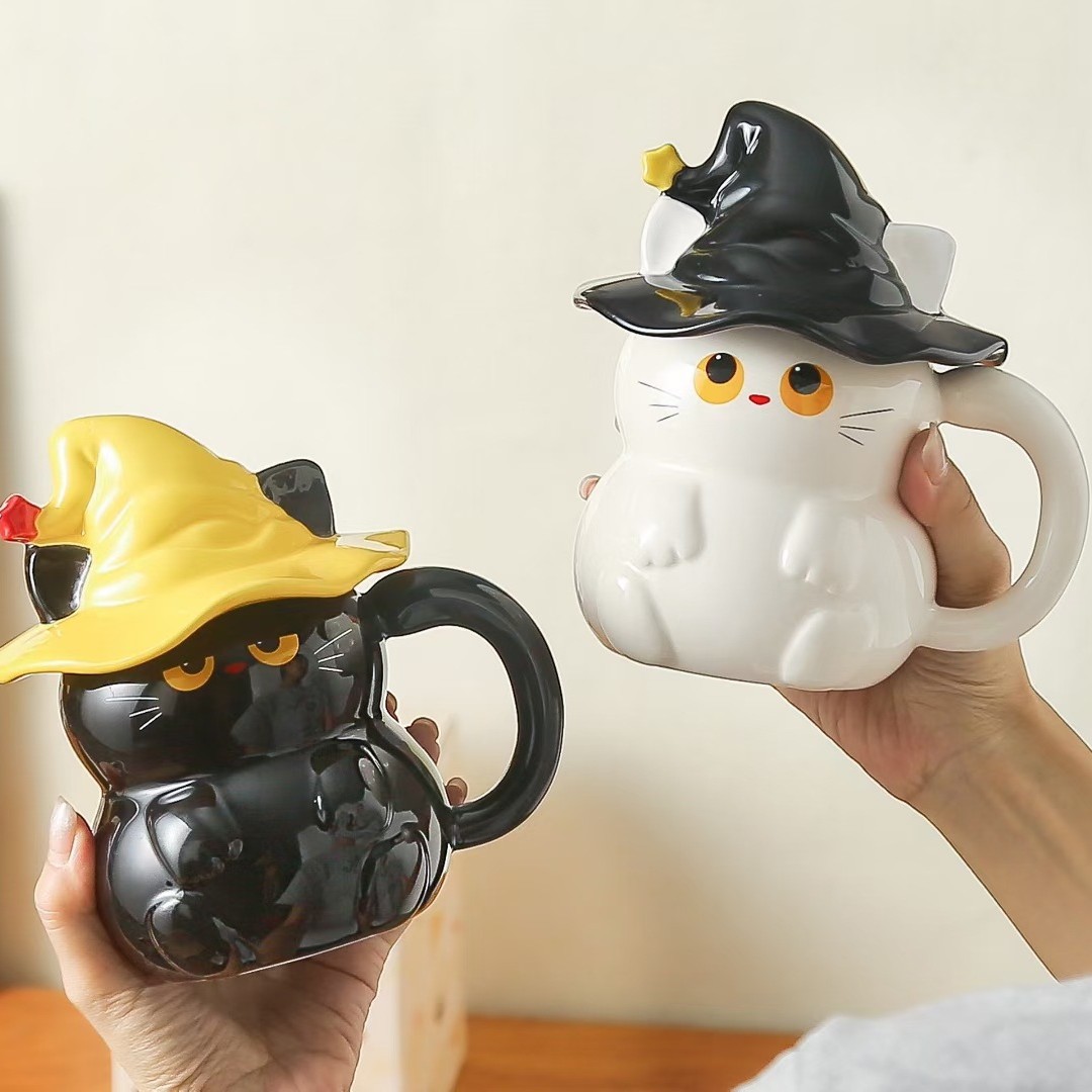 Creativo lindo negro y blanco mágico gato taza de cerámica personalidad transfronteriza taza de agua con taza de café de dibujos animados cubierta