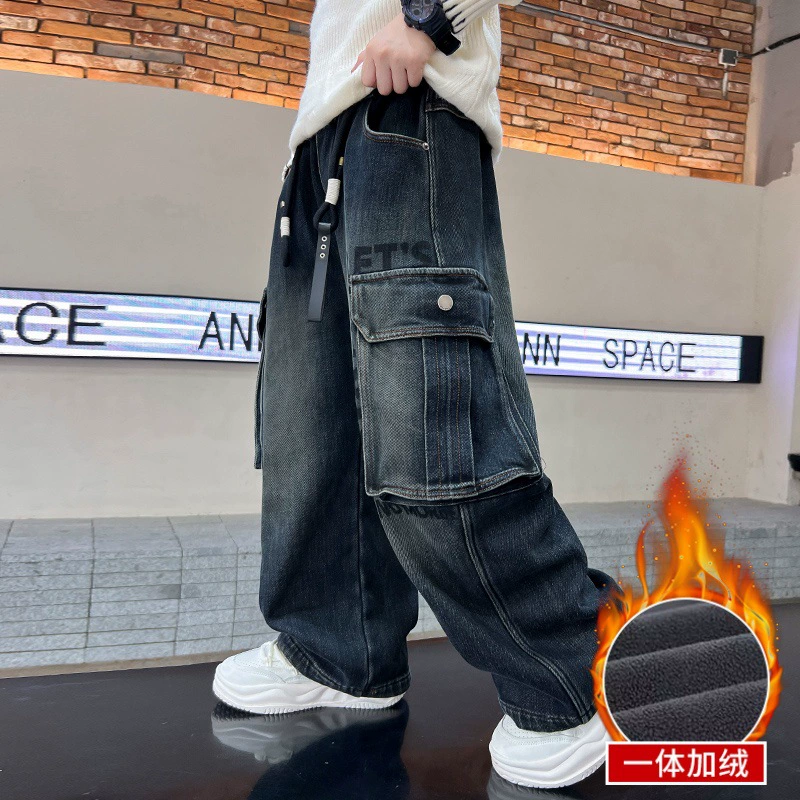 Демисезонные флисовые тёплые детские джинсы для мальчиков, ретро-брюки, для подростков, детская одежда, повышенная плотность, оверсайз