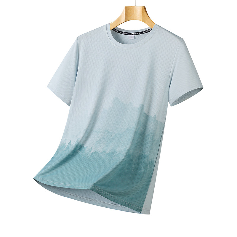 Camiseta de manga corta de seda de hielo para hombres, aire acondicionado transpirable con estampado de verano, secado rápido, estiramiento, ocio, fresco, deportes, tops sueltos para hombres
