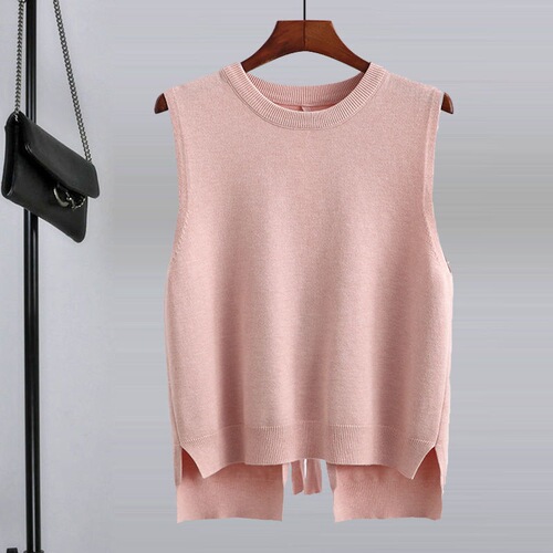 Women's Spring and Autumn New Solid Color Knit Cardigan Vest Top with Korean Style Back Ties, Fashion Simple Loose Matchable Shoulder Cardigan