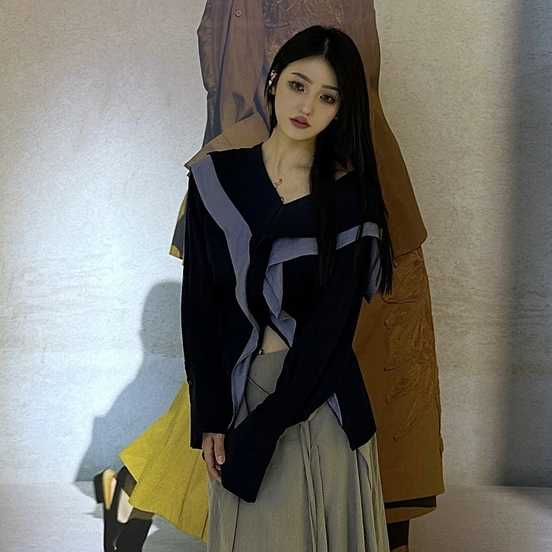 Unspo Spot Blue Navy Collar Shirt V Neck Ruffle Design Retro Elegant High-End Color Matching Shirt