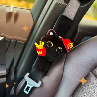 Happy Cute Little Black Cat Delivery Driver Car Seat Belt Shoulder Cover Car Anti-Strangle Shoulder Protector Car Interior Accessories for Men and Women