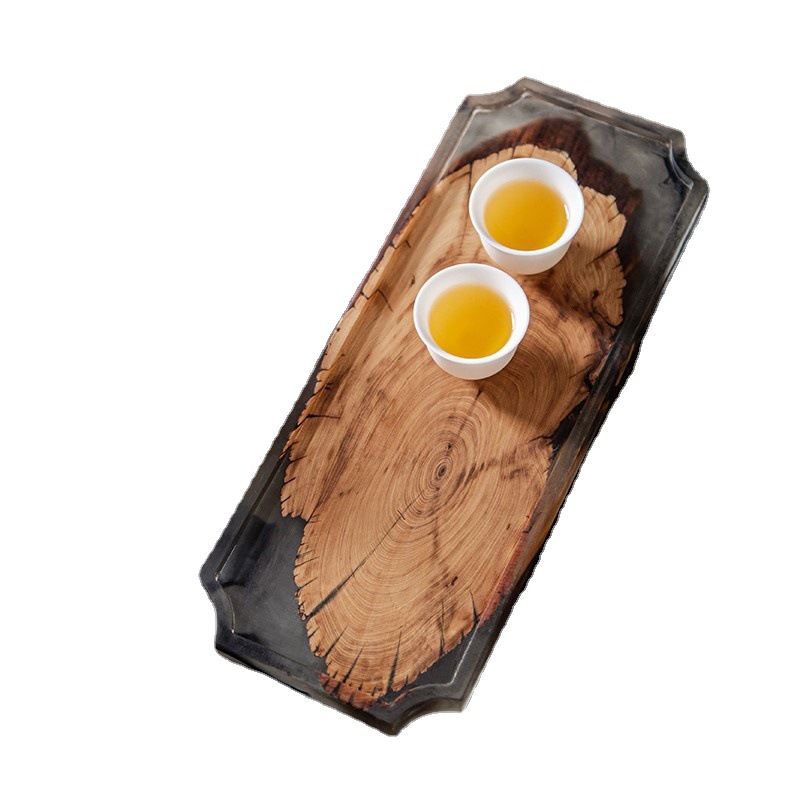 Estilo nórdico de resina epoxi bandeja de madera bandeja de té yabei ébano de madera maciza bandeja de burbujas secas Placa de resina de tinta anti-escaldar bandeja de olla