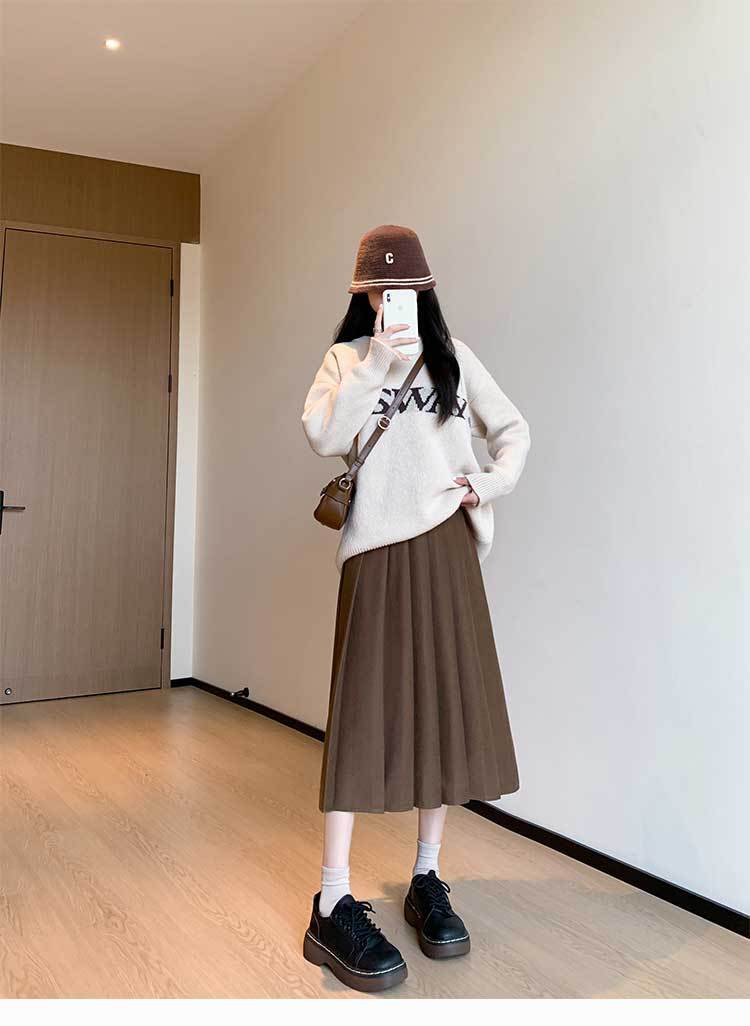 2023 outono/inverno nova saia plissada espessada com elástico e cintura alta emagrecimento e ajuste solto temperamento saia de comprimento médio_voghion.com