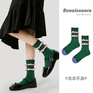 Renaissance绿色袜子女花边春秋薄款中筒袜日系蕾丝洛丽塔公主袜