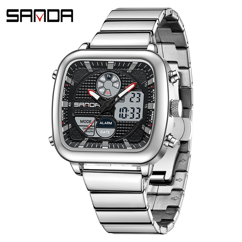 SANDA SANDA 9101 reloj de despertador impermeable para hombres reloj de pulsera clásico de acero cuadrado multifuncional luz nocturna reloj electrónico para hombres