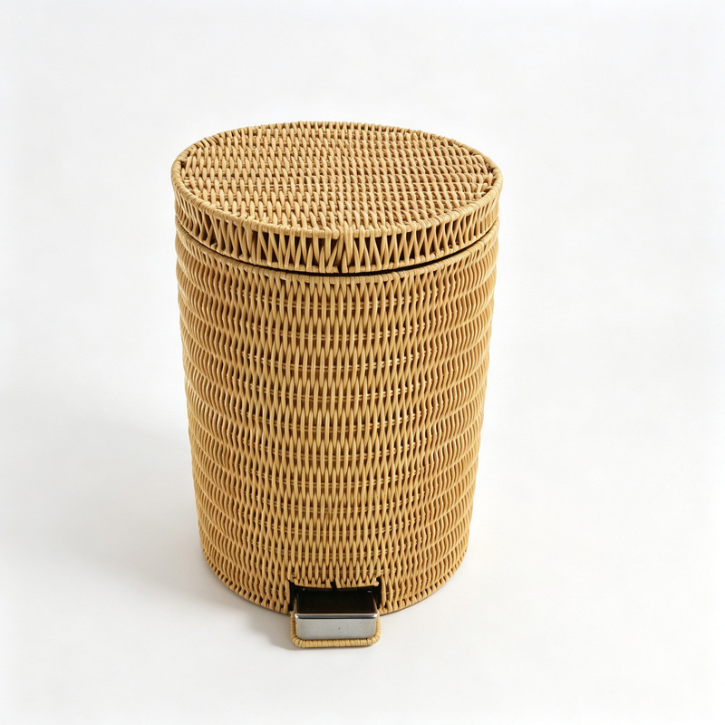 Imitation Rattan Hollow Wire Hand-Woven Trash Basket, Imitation Rattan Storage Basket with Lid, 5L Round Imitation Rattan Woven Basket for Home Use