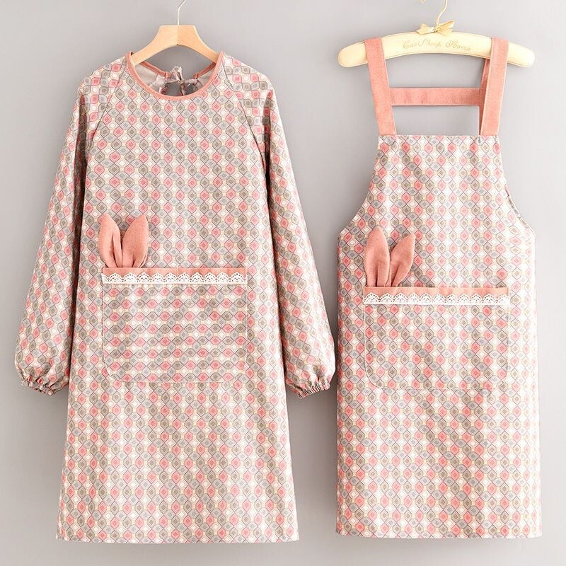 Simple Style Canvas Apron Long-Sleeved Smock for Home Kitchen Anti-Stain Cooking Apron for Adult Women to Wear Outside and Stain-Resistant Protective Clothing