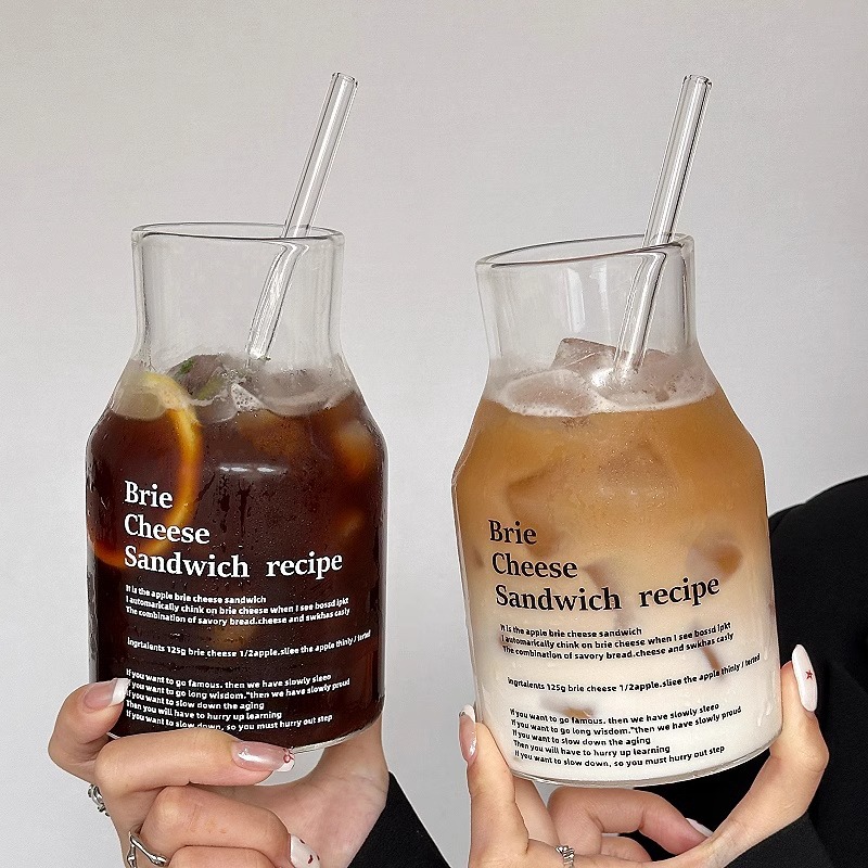 Ins Style Glass Household Drinking Cup Simple Letter Cold Extract Coffee Cup Large Capacity Bubble Tea Suction Cup