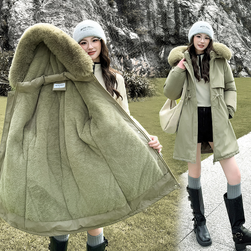 2025 invierno extraíble sombrero para superar el nuevo estilo de mujer de estilo largo y medio con camisa de algodón gruesa y delgada chaqueta de algodón