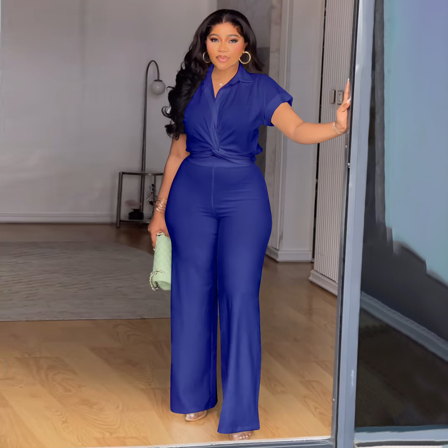 Women's Clothing Plus Size Summer Outfit High Waist Casual Pants & Solid Color Shirt Short Sleeved Two-Piece Set_ecoleips.com