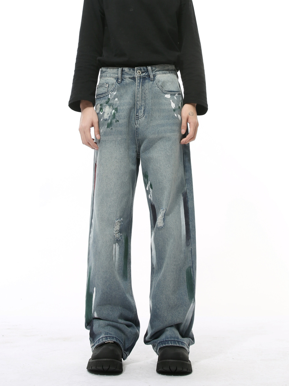 MTLCLOTHES Hombres| Nuevos productos de invierno coreanos pesados pintados a mano graffiti estilo de diseño de jeans rectos sueltos