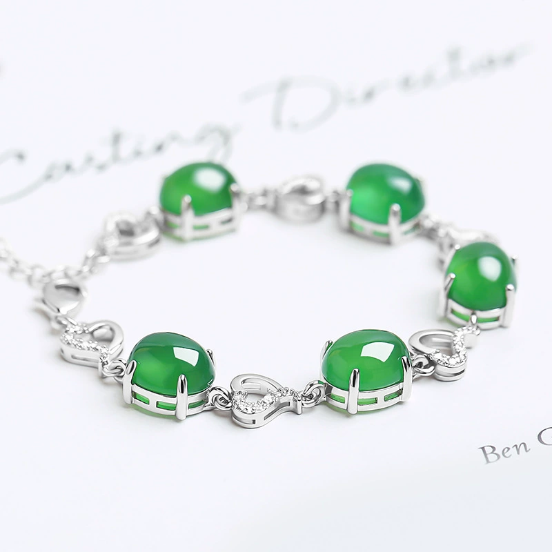 Agate emerald silver bracelet jade, stone inlay, 2021 collection