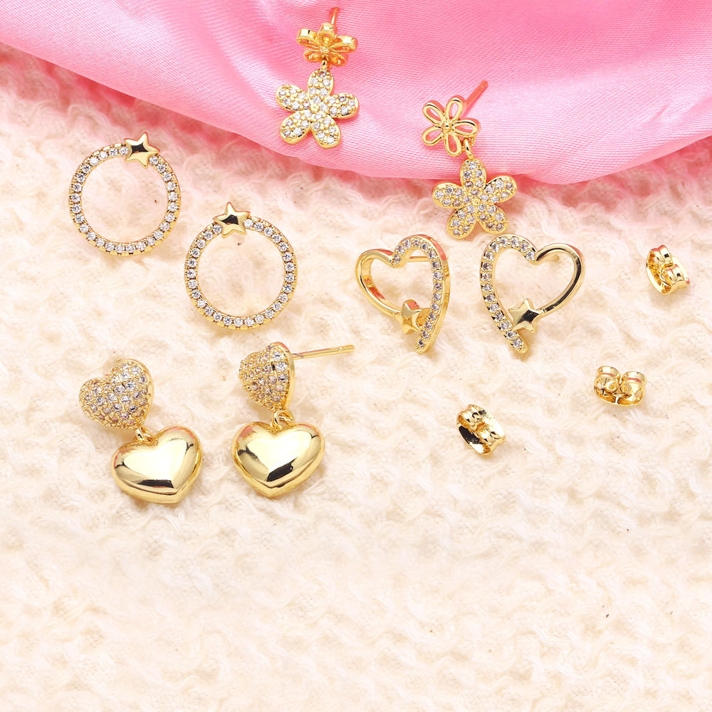 simple flower geometric heart star copper inlaid zircon 18K gold-plated earrings