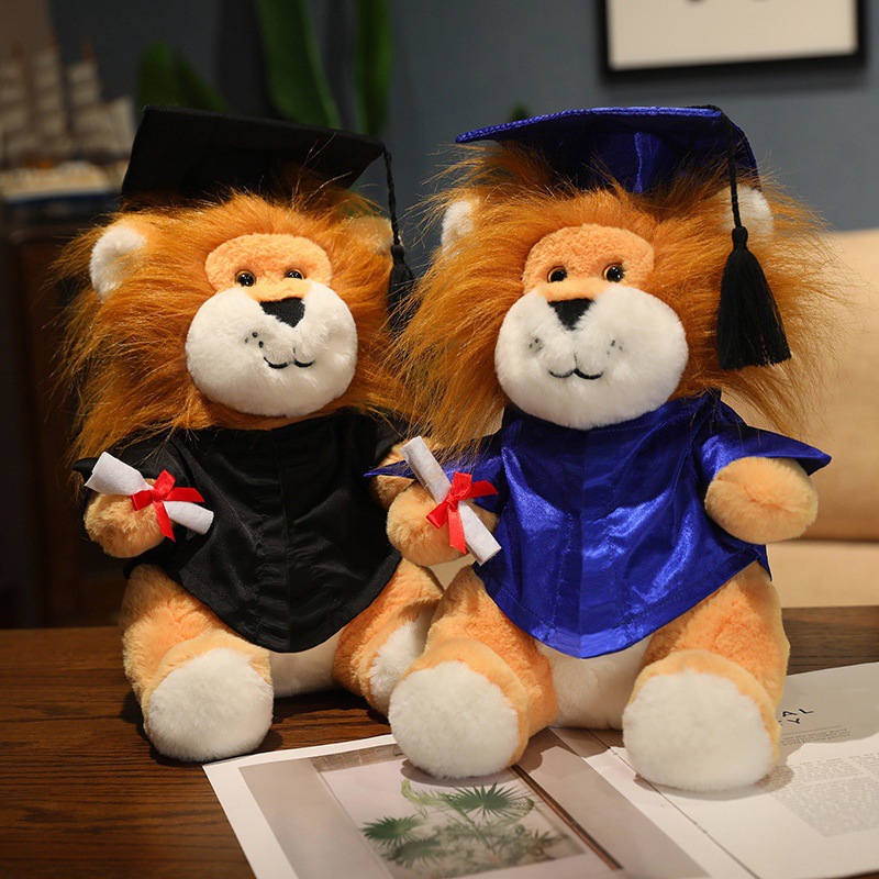 Uniforme de dibujos animados de león pequeño muñeca de peluche doctor muñeca logotipo impresa logotipo regalo de temporada de graduación de licenciatura
