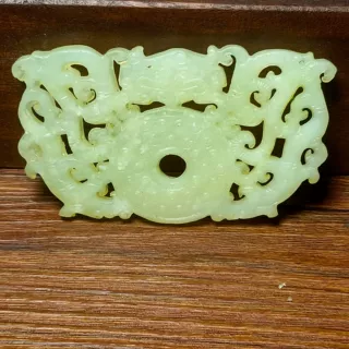 古玩杂项仿古做旧工艺品岫玉做旧镂空双龙平安扣玉璜玉佩腰佩挂件