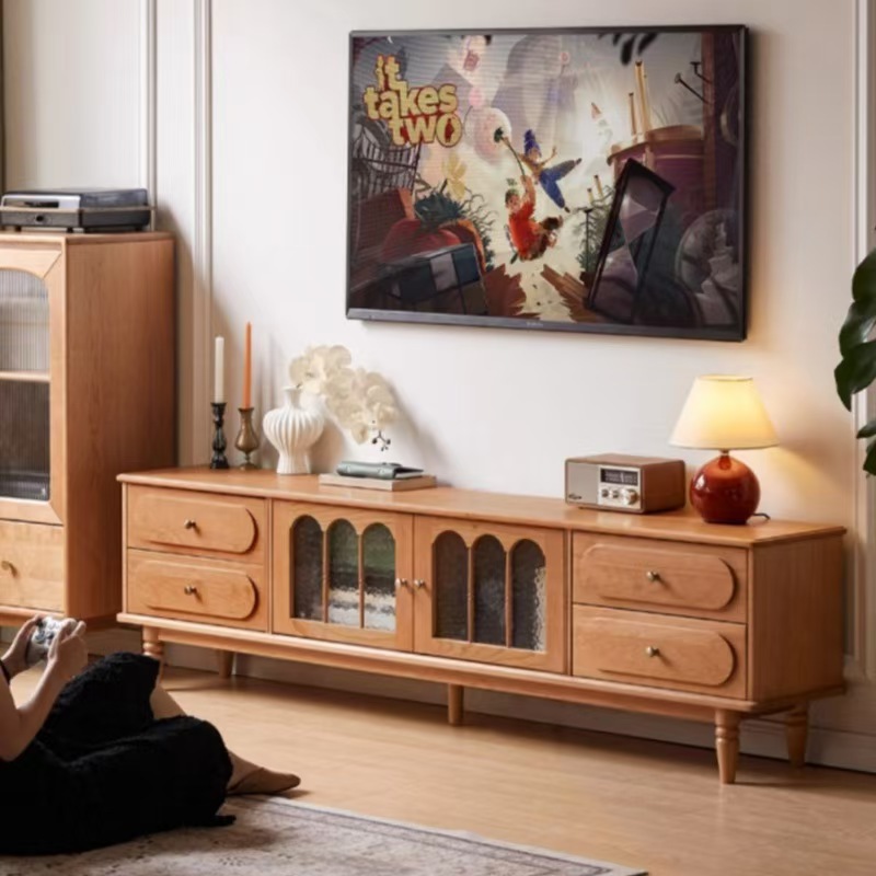 Solid Wood Tv Cabinet High Style Living Room French Retro Storage Storage Home Medieval Cherry Wood Floor Cabinet