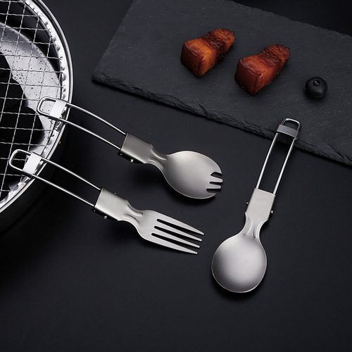 Pure titanium folding spoon outdoor camping home salad fork titanium alloy fork picnic folding tableware three-piece set