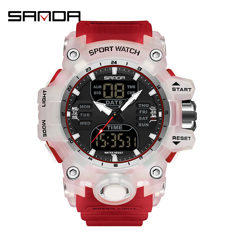 SANDA 6126 doble pantalla reloj electrónico despertador reloj multifuncional reloj de moda hombre impermeable reloj de pulsera correa transparente