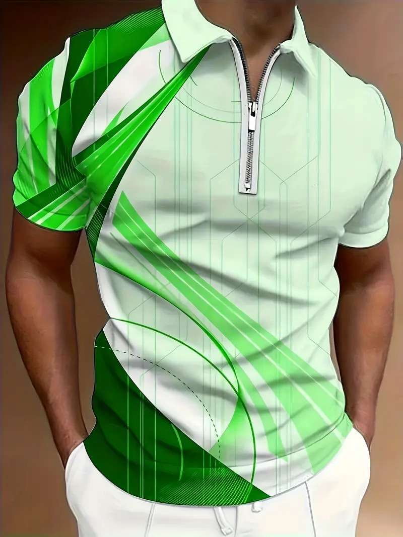 Camisa POLO con cremallera de manga corta con estampado digital 3D para hombre de verano transfronterizo de estilo deportivo y casual patrón geométrico MB13