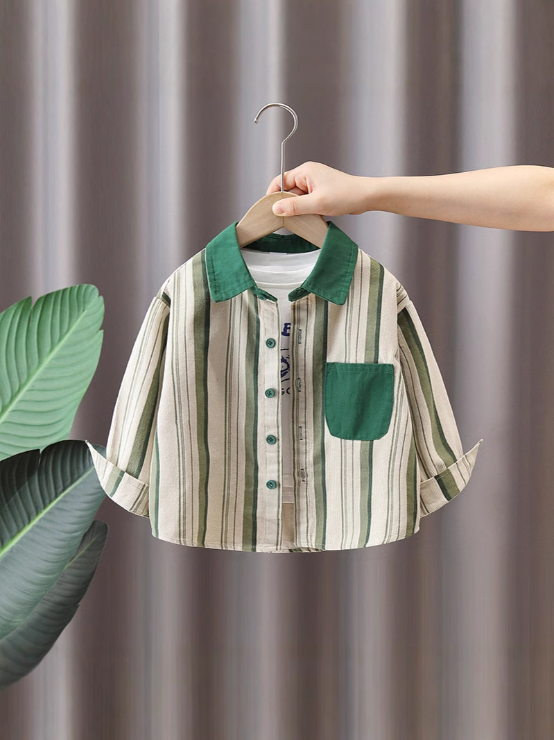 7743 Camisa de pana para niños, nuevo estilo 2026, camisa de manga larga a rayas para niños, estilo coreano, para primavera y otoño