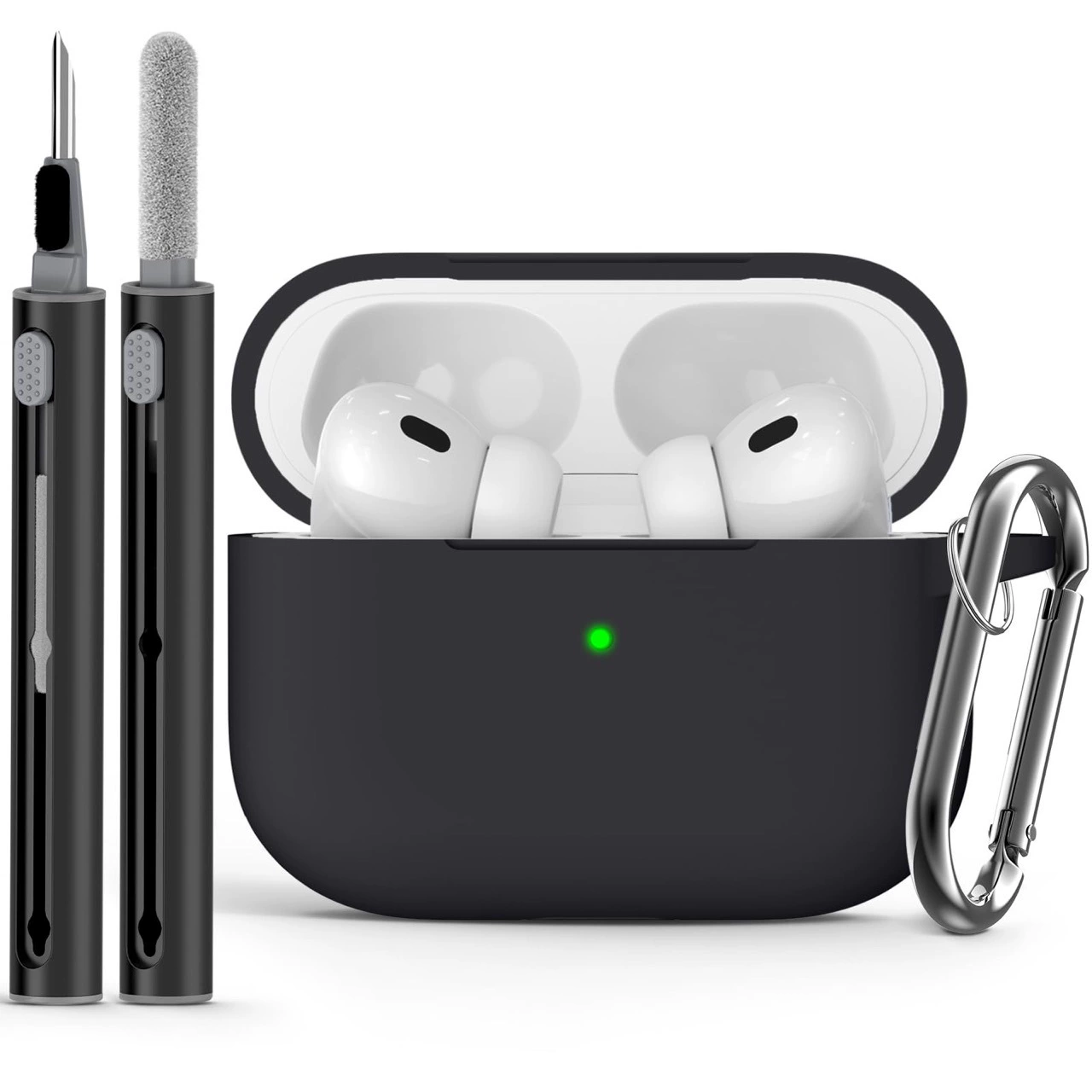 Защитный чехол (совместим с Apple AirPods) с однотонным карабином и чистящей палочкой, лёгкий
