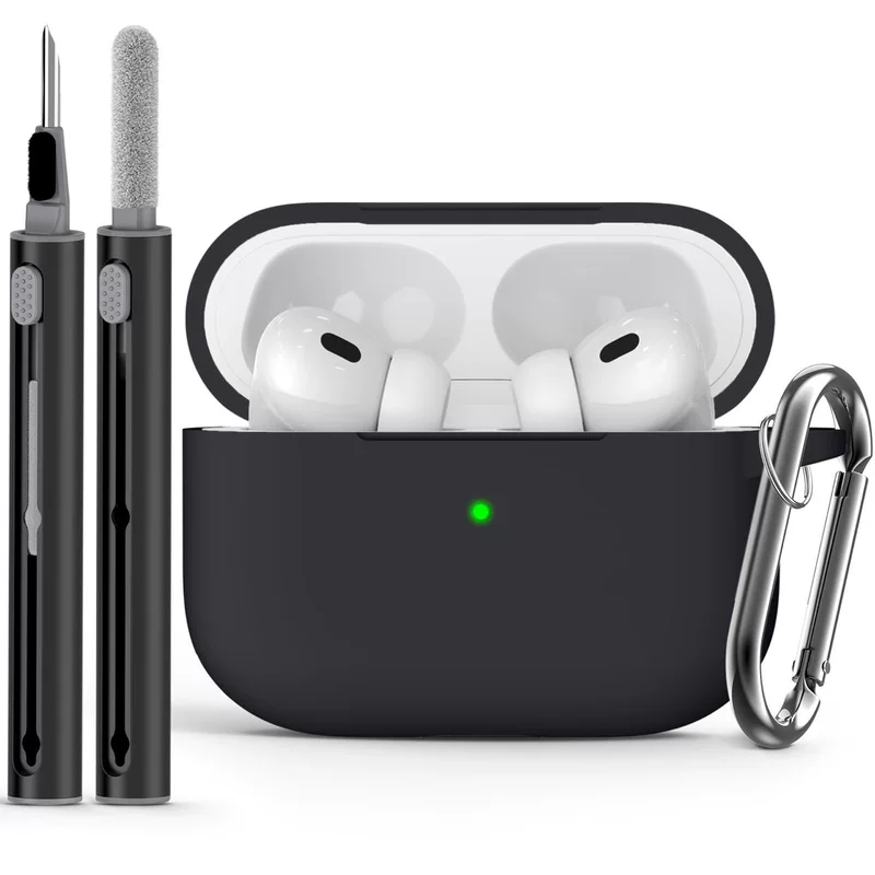 Защитный чехол (совместим с Apple AirPods) с однотонным карабином и чистящей палочкой, лёгкий