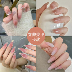 Spring and summer long printed nail patches wearable nails ice white white long T removable nail polish finished products wholesale