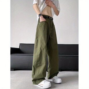 Men's Spring and Summer Thin Scimitar Pants Army Green American Retro Japanese Wide-Leg Pants Oversized Casual Cargo Pants