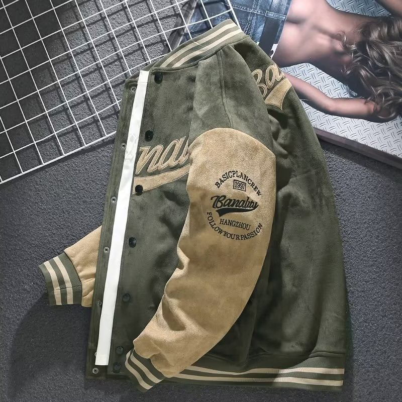 美式棒球服男ins潮牌宽松刺绣绿色飞行员夹克休闲青少年运动外套