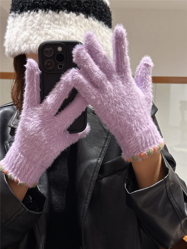 2025新款韩系可爱毛绒手套女冬季加厚保暖防寒露指可触屏手套学生|undefined