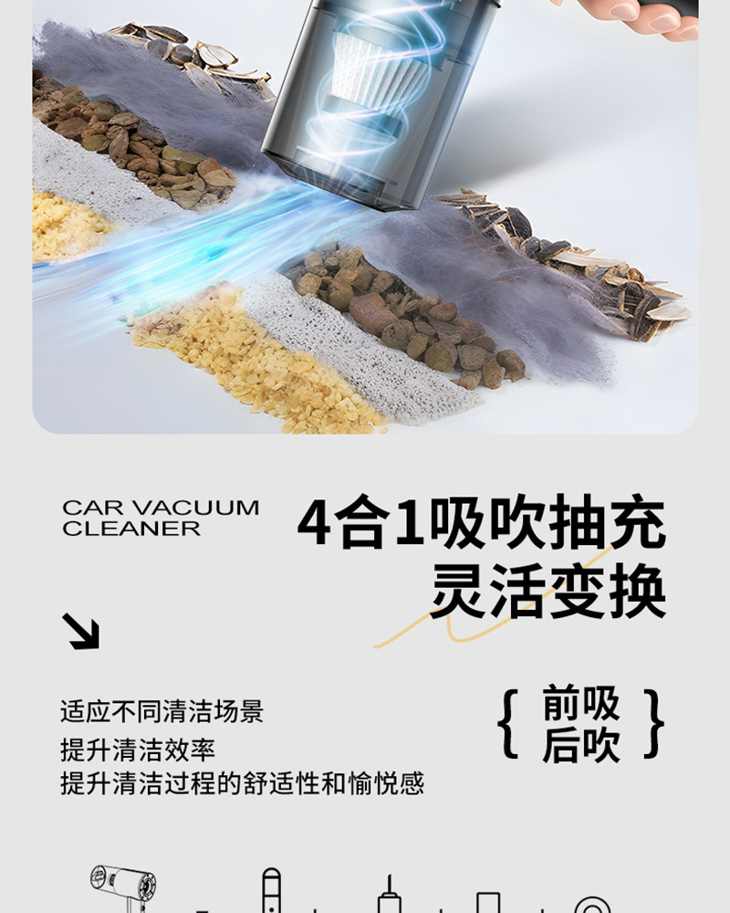 Buwai Car Vacuum Cleaner, Handheld, Small, High Suction Power, for Car Interior and Home Use, Wireless, Cross-Border
