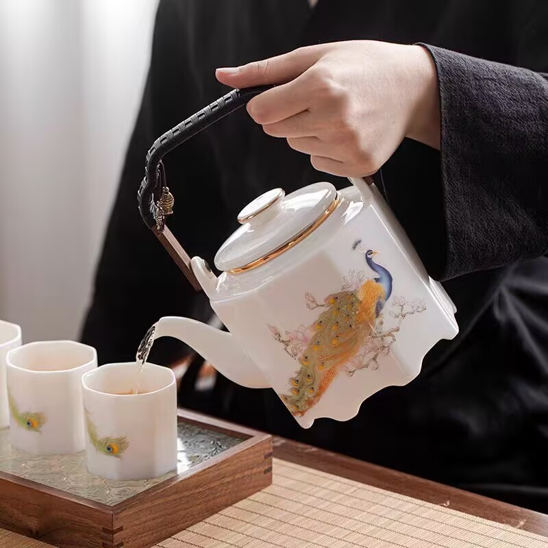 陶磁器ティーポット家庭用大容量羊脂玉提梁壺事務用フィルタ付きティーポット|undefined