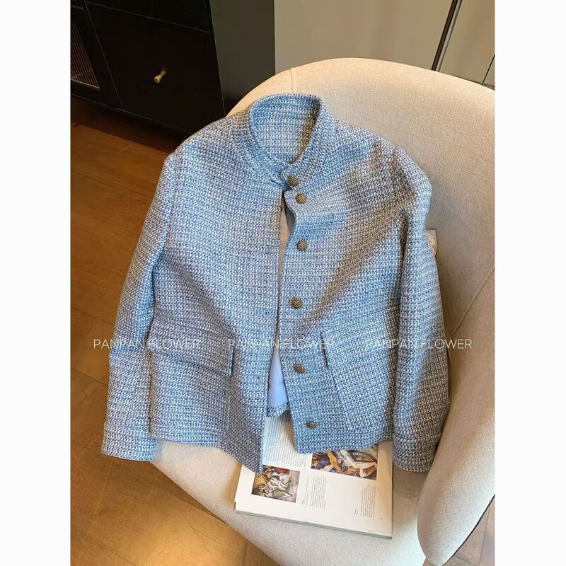 High-End Chanel-Style Blue Tweed Jacket for Women, Early Spring 2026, Old Money Style, Elegant Casual Short Coat