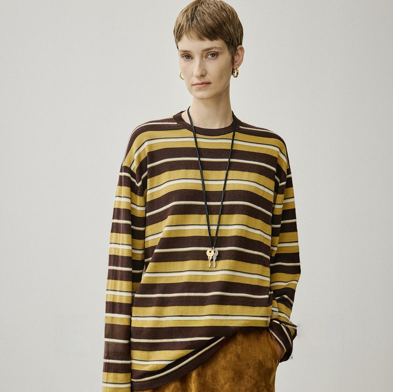 American Retro Color-Blocked Striped Versatile Slim-Fit Knit Sweater for Women, Machine Washable, Made of Silk and Wool Blend