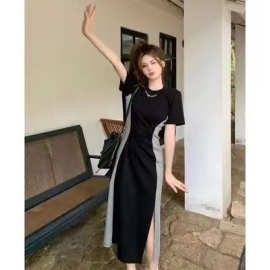 哺乳衣外出辣妈款撞色拼接显瘦连衣裙夏季中长款产后期开叉喂奶裙