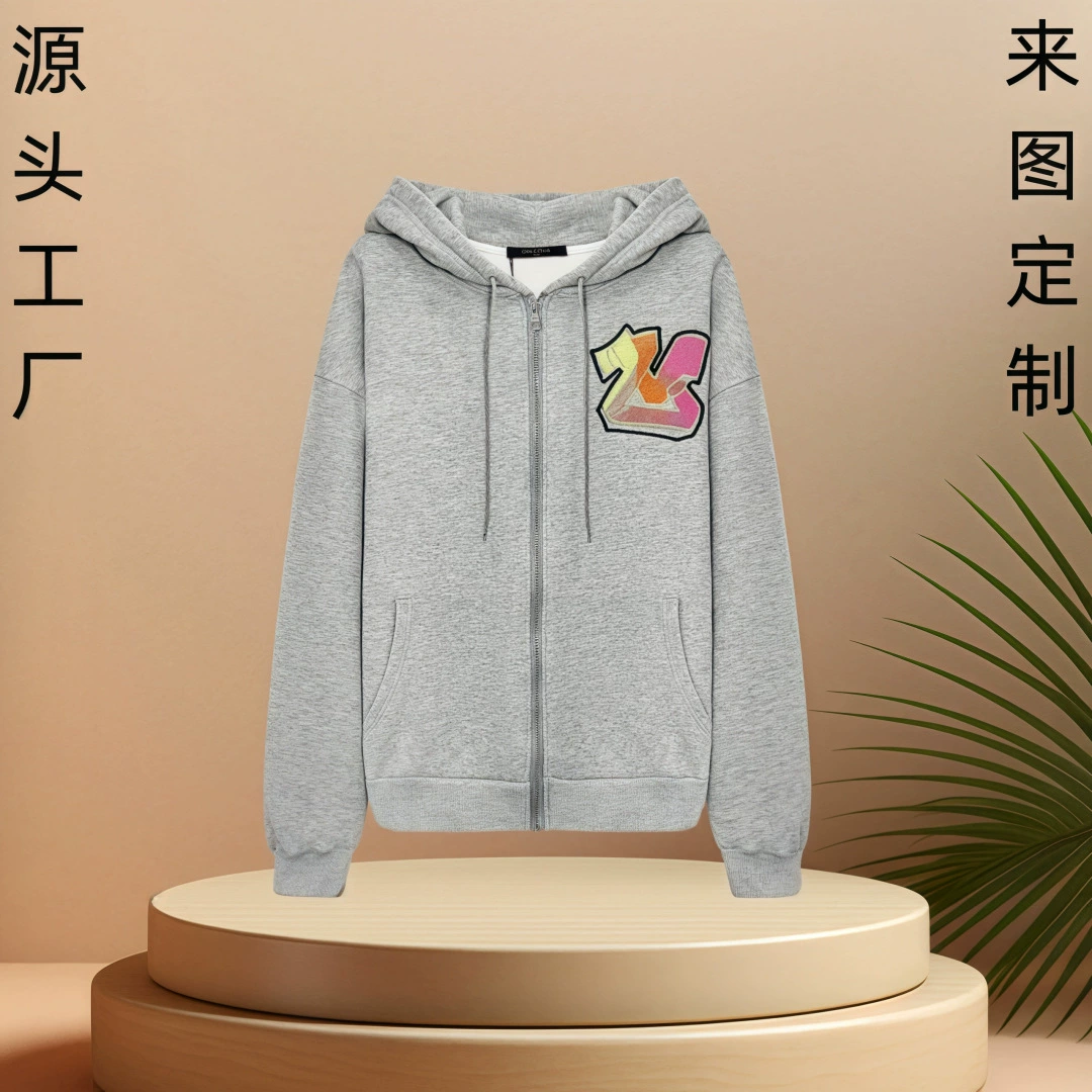 Внешняя торговля кардиган на молнии свитер напечатанный на заказ логотип вышитый Тяжелая весна и осень Свободная верхняя одежда куртка с капюшоном