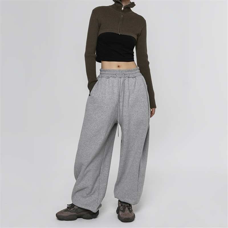 2026 Spring/Autumn New Korean Style Fleece-Lined Loose Fit Large Pockets Lazy Solid Color Simple Drawstring Casual Sports Sweatpants for Women