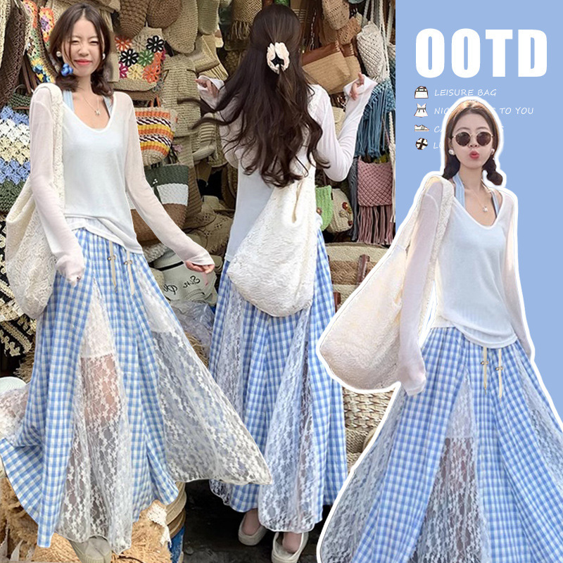 Now sunscreen condole belt two-piece jacket + Korean pregnant women drawstring blue Grace stitching A- shaped skirt suit