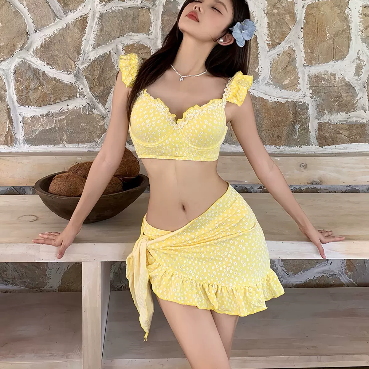 性感比基尼女纯欲分体泳衣三件套跨境亚马逊泡泡袖度假泳装bikini