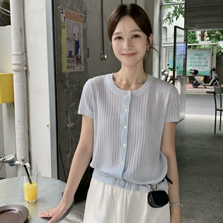 清仓不退换 夏季极简风休闲百搭修身显瘦透气单排扣针织衫女A0878