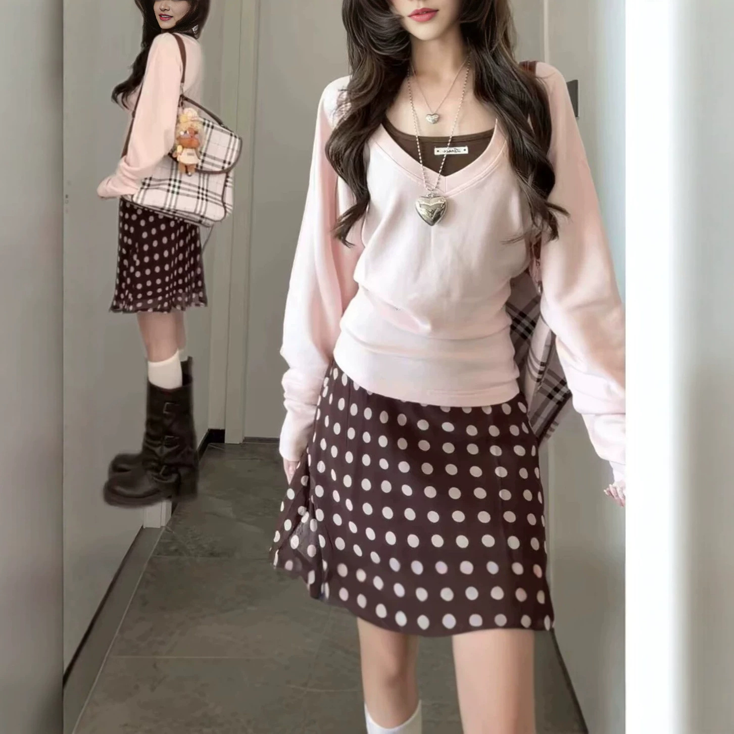 韩系慵懒风轻熟套装女早秋季粉色长袖上衣波点包臀裙子穿搭一整套