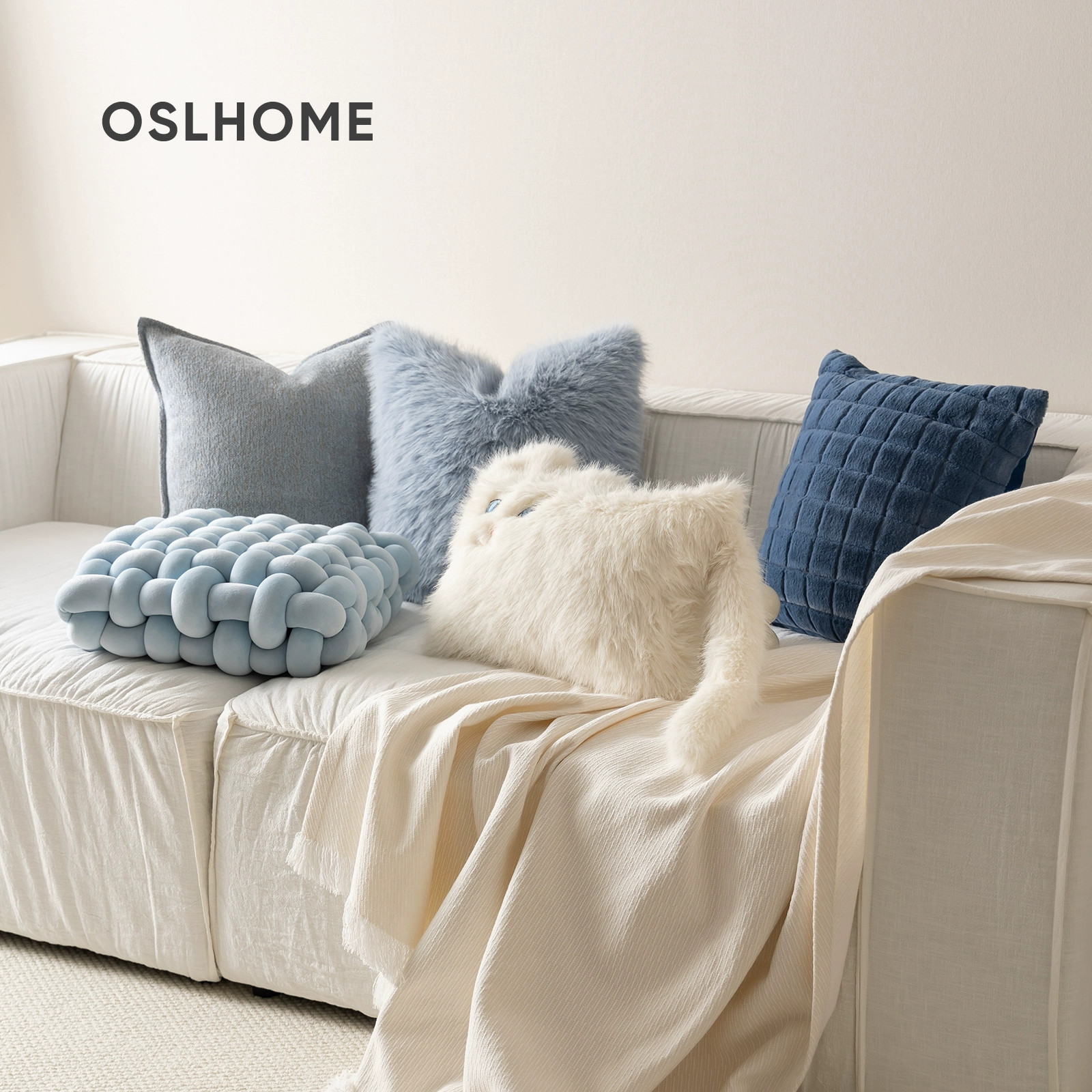 Modern and minimalistic woven sofa, blue pillow, high-quality style