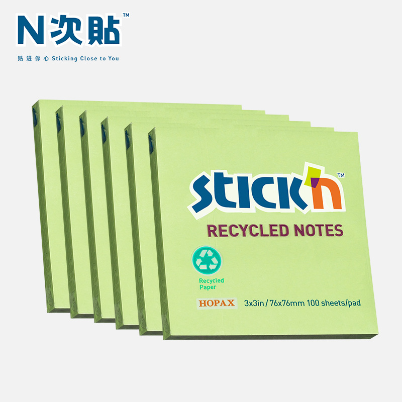 친환경 재활용 종이 스티커 메모 6팩 76*76mm 접착식 방명록 600매 녹색 36508-J6